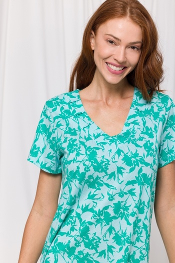 Woody Rochie cu decolteu în V-Xdg - 979-Motiv frunze albastru