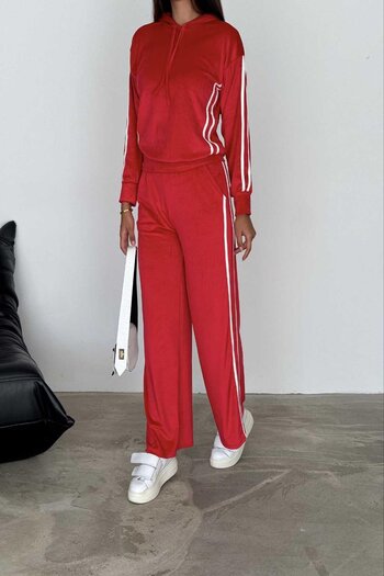 İstangül Butik Annabel Hooded Velvet Set - Stripe Detailed