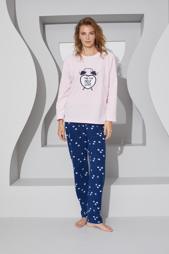 Siyah İnci Pink Embroidered Lower-Upper Fleece Pajama Set 24223066