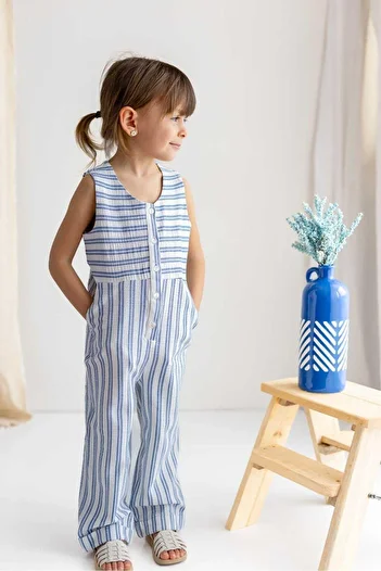 Oliven The Kid Blue and White Striped Cotton Welonsa Sleeveless Buttoned Front Pocket Girl's Jumpsuit White