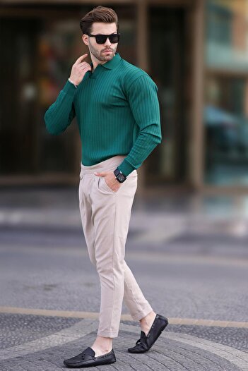 Madmext Long Sleeve Green Striped Polo Sweater - 7239