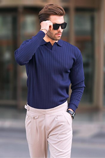 Madmext Polo Collar Navy Blue Striped Long Sleeve Sweater - 7239