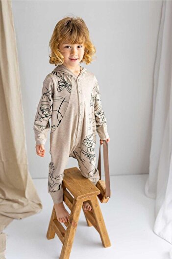 Oliven The Kid Beige Unisex Children's Jumpsuit - Thin Knitwear, Geometric Pattern, Hooded and Buttoned Front