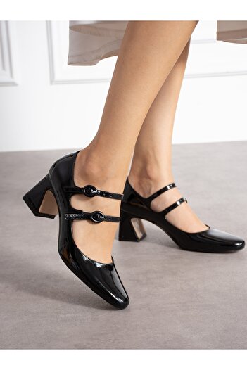 Alemdar Shoes Morena Black Patent Leather Buckle Detail Heeled Women's Shoes