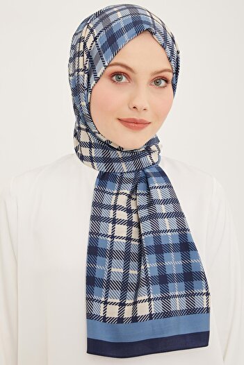 Armine Trend Navy Blue-Indigo Plaid Pattern Modal Shawl 4713-12