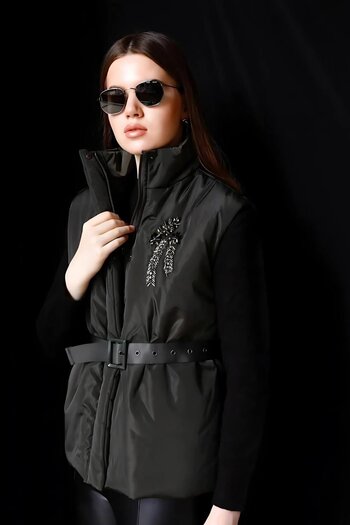 Ravencia Black Stone Embroidered Belted Puffer Vest