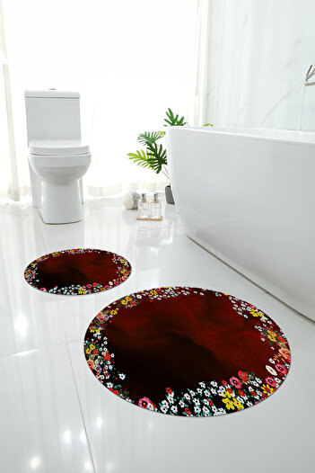 Napoli Home Digital Washable Colorful Floral Pattern Round Bath Mat Toilet Set