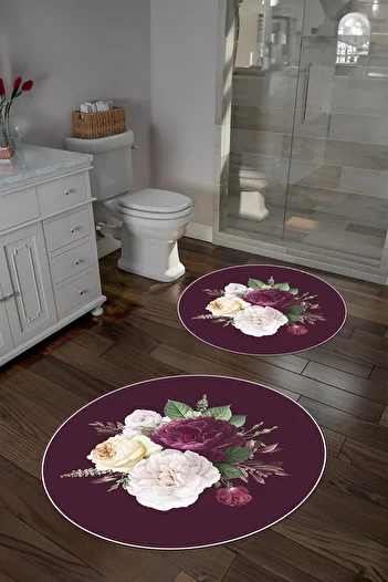 Napoli Home Digital Washable Non-Slip Base Floral Motif Round Bath Mat Toilet Set