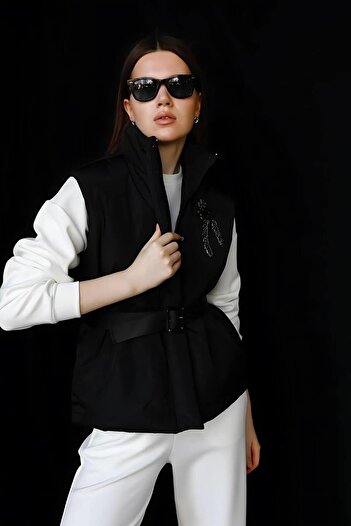 Ravencia Black Stone Embroidered Belted Puffer Vest