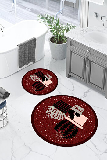 Napoli Home Digital Washable Modern Cactus Patterned Round Bath Mat Toilet Set