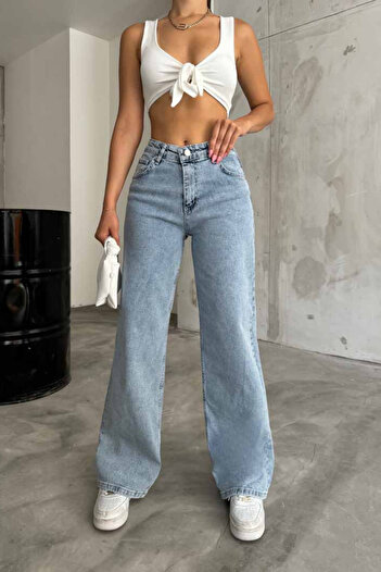 Trn JNS Elena Blue Light Snow Lycra Super High Waist Loose Jeans Palazzo Pants (super High) Wide Leg