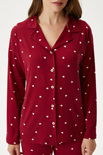 Ritnice Kadın Sweety Extra Soft Bordo Kalpli Pijama Takımı