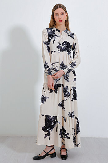 Bigdart Cream Black Viscose Hijab Dress - Lace-up Collar, Boydandan 1627