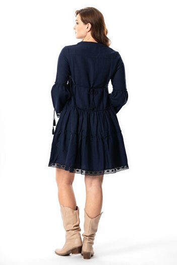 Eliş Şile Bezi Navy Blue Lcvt - Long Sleeve Selçil Short Autumn and Winter Dress