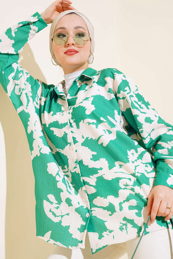 Bigdart 20179 Patterned Long Oversize Shirt - Green