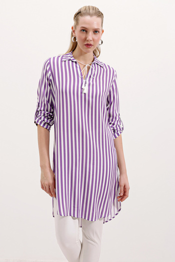 Bigdart 5613 Collar Lace Up Striped Tunic - Lilac