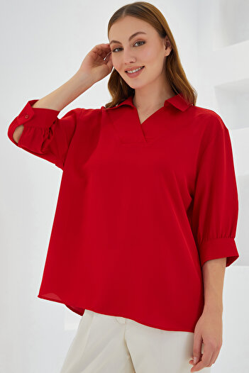 Bigdart Women's Red Shirt Collar Satin Blouse 0493