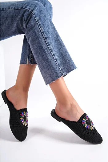 Moda Değirmeni Black Lace Women's Lacy Colorful Stone Slippers