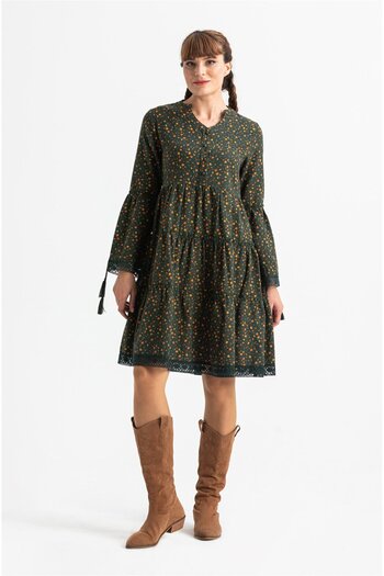 Eliş Şile Bezi Long Sleeve Selçil Flannel Short Autumn And Winter Dress Crispy Pattern Khaki Hk