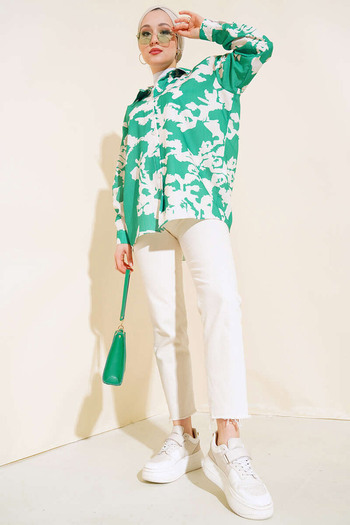 Bigdart 20179 Patterned Long Oversize Shirt - Green