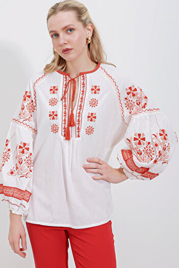 Bigdart Women's White Orange Embroidered Linen Blouse 902