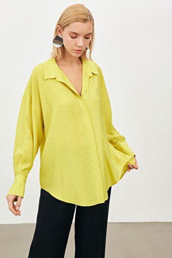 Setre Pistachio Green Shirt Collar Long Sleeve Stone Paste Detailed Button Closure Shirt