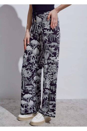 Knitss Tropical Patterned Ecru Navy Blue Knitwear Trousers