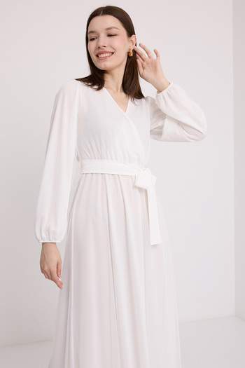 Bigdart Women's White Double Breasted Collar Tulle Detailed Chiffon Dress 2484