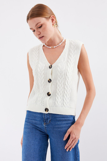 Bigdart 15882 Modell Weiße kurze Strickweste - geknöpft