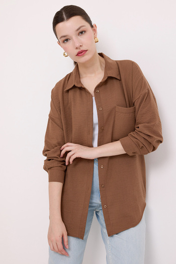 Bigdart 20153 Single Pocket Oversize Linen Shirt - Milky Brown