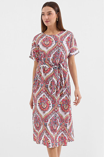 Bigdart 2389 Model Pomegranate Linen Belted Dress