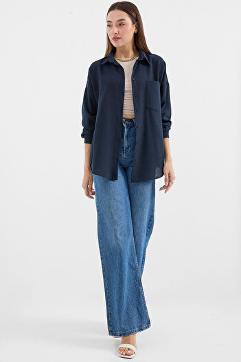 Bigdart 20153 Navy BlueOversizeLinen Shirt - Single Pocket