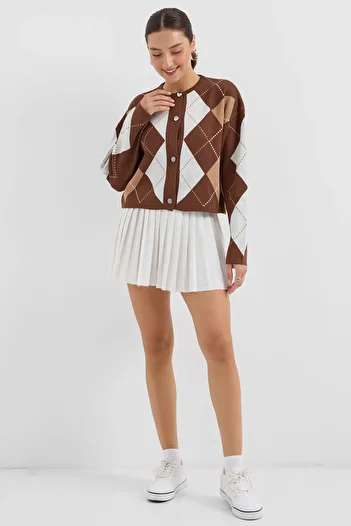 Bigdart 15883 Model Diamond Patterned Brown Knitwear Cardigan