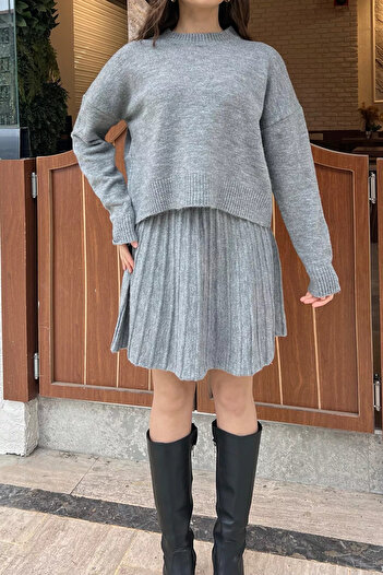 GÜLSELİ Gray Style Knitwear Skirt Sweater Double Set