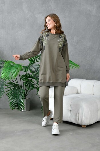 MVStore Women's Pul Payet Embroidery Detail Oversize Sweatshirt Bottom-Top Set