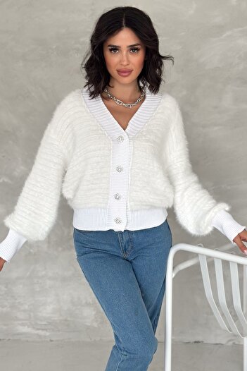 FEMELLE Women's White Standard Size Button Detailed Design Knitwear Cardigan