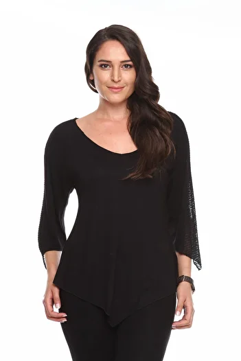 Zer Otantik Mesh Detail Three-Quarter Sleeve Plus Size Blouse Black