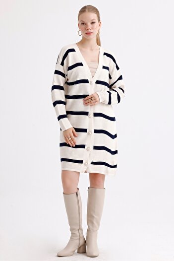 MD trend Women's Buttoned Self Patterned Long Oversize Striped Knitwear Cardigan