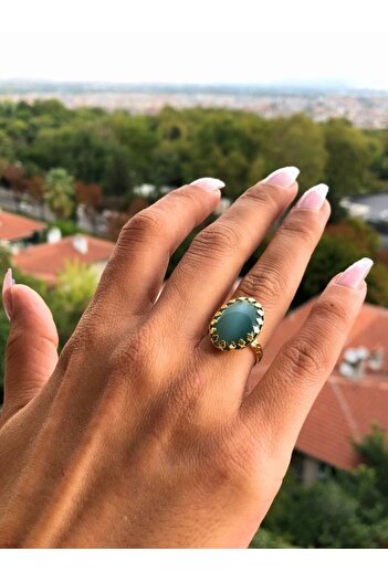 TÜKKAN ACCESSORİES MAVİ KEDİ GÖZÜ TAŞI  DOĞALTAŞ ALTIN KAPLAMA AYARLANABİLİNİR YÜZÜK-DOĞALTAŞYÜZÜK16