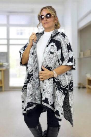 yagmurberen Ethnic Patterned Hooded Extra Large Size Poncho Cardigan