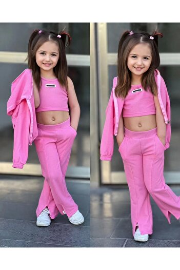 Keywest Girl's Label Detailed Oversize Zippered Cardigan Strap Crop Tracksuit 3 Piece Set