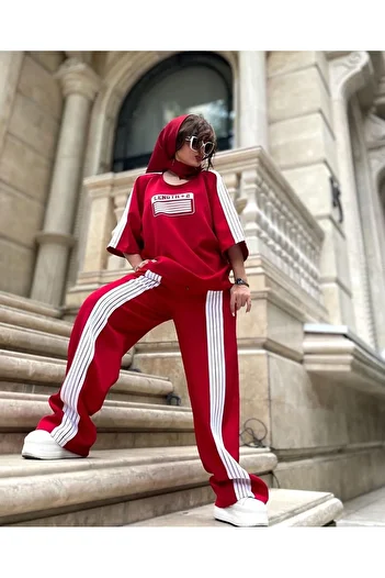 Keywest Women's Length Printed Front Stripe Sweatpants T-Shirt Double Set