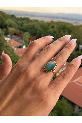 TÜKKAN ACCESSORİES MAVİ KEDİ GÖZÜ TAŞI  DOĞALTAŞ ALTIN KAPLAMA AYARLANABİLİNİR YÜZÜK-DOĞALTAŞYÜZÜK16