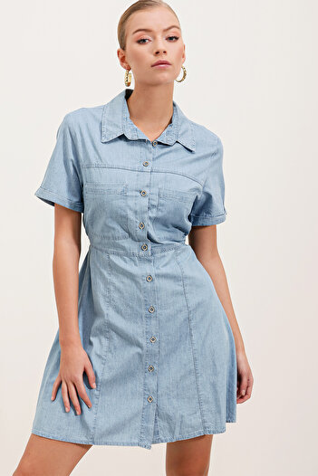 Bigdart 2433 Double Pocket Mini Denim Dress - Blue