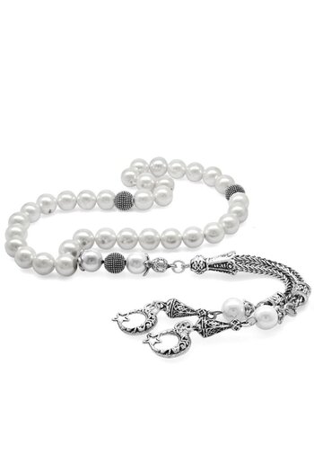 Tesbihane Non-Tarnish Metal Crescent Star Tasseled Globe Cut Mallorcan Pearl Natural Stone Rosary