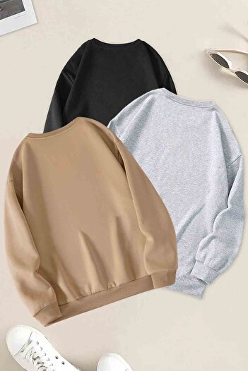 uyguntarz Pack of 3 Beige Gray Black Oversize Sweatshirt