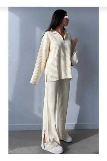 LocaMz Women's Ribbed Collar, Zippered Leg Slits, Side Zipper Knitwear Suit