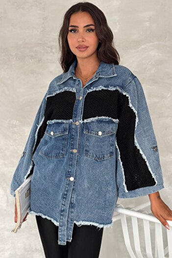 FEMELLE Women's Black Pocket Detailed Knitwear Mesh Oversize Denim Jacket