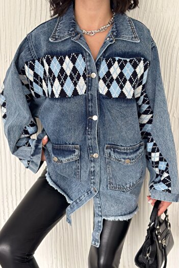 FEMELLE Women's Knitwear Detailed Oversize Jeans Jacket with Tassels and Pockets