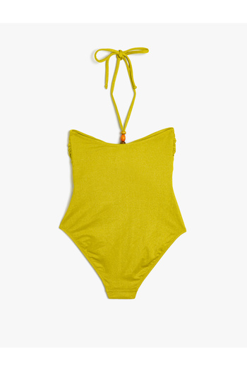 Koton Beaded Gathered Covered Swimsuit - Halter Neck and Window Detail